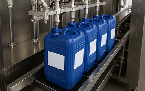 Checkweighing and labeling machine for large buckets of adhesives and paint in chemical production