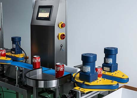 Bottle checkweigher inspecting canned cola in beverage packaging line.