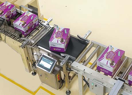 Carton instant noodles on packaging line with hygienic checkweigher ensuring accurate weight and labeling