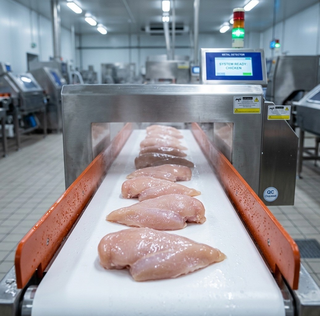 Fresh Chicken Breasts Moving Through a Samegram Conveyor Metal Detector