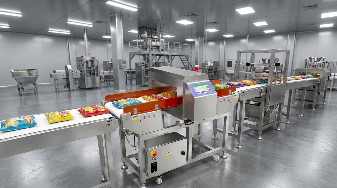 Samegram Conveyor Metal Detector Head Mounted Over A Snack Production Line