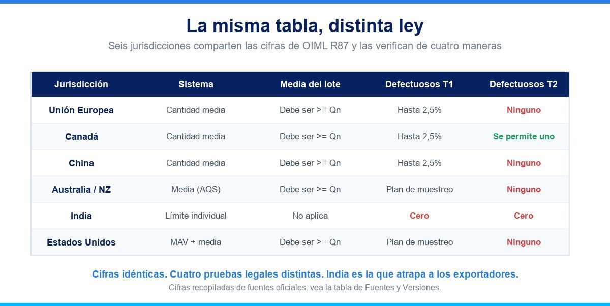 Siete mercados exportadores comparados en columnas: familia legal, promedio, piso T2