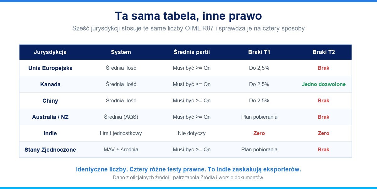 Siedem rynków eksportowych porównanych w kolumnach: rodzina prawna, średnia, próg T2
