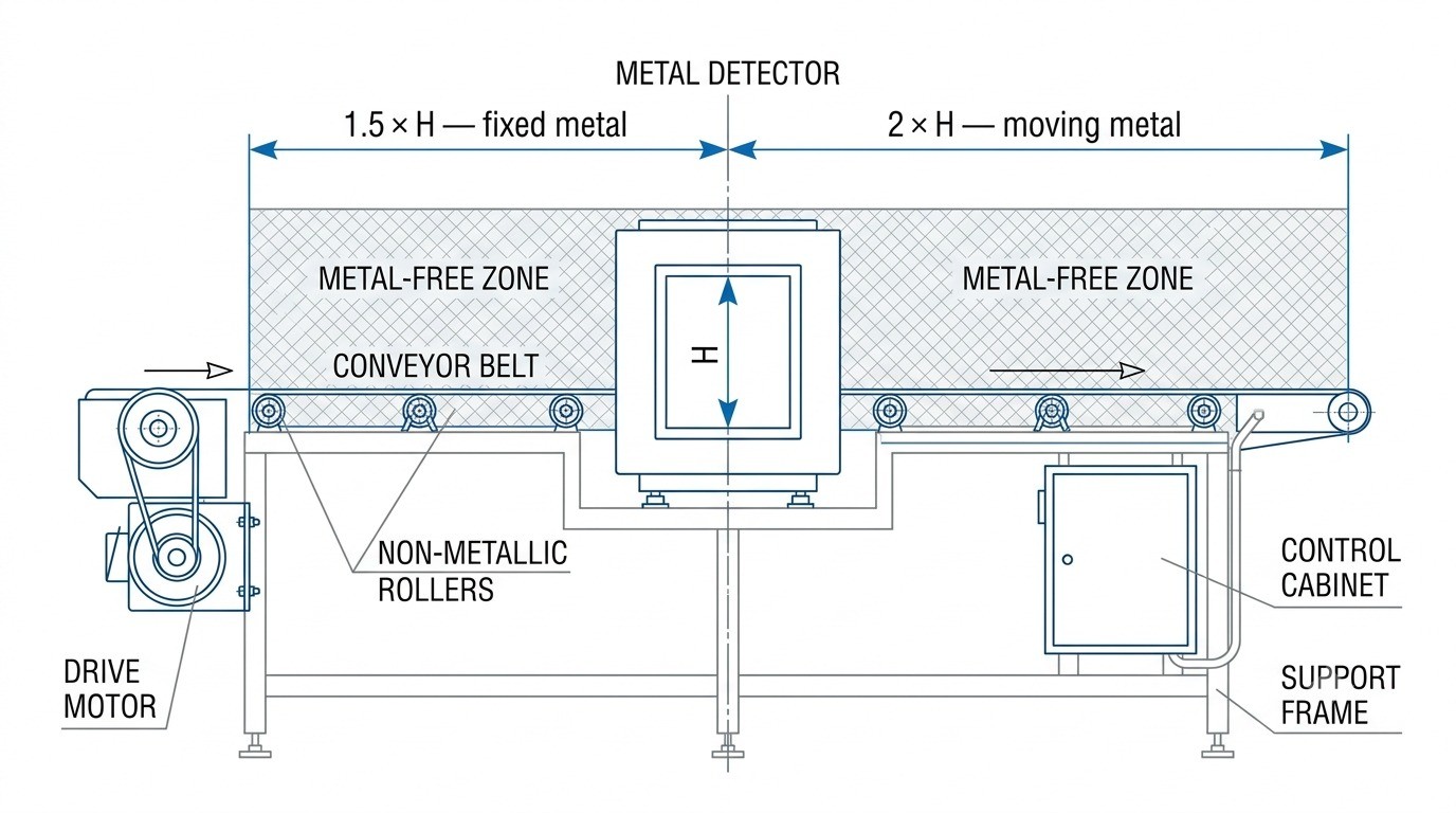 Metal-free zone sizing diagram for a conveyor metal detector