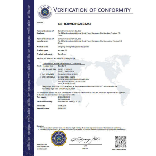 Certificado ICR de equipos de pesaje e inspección de peso.