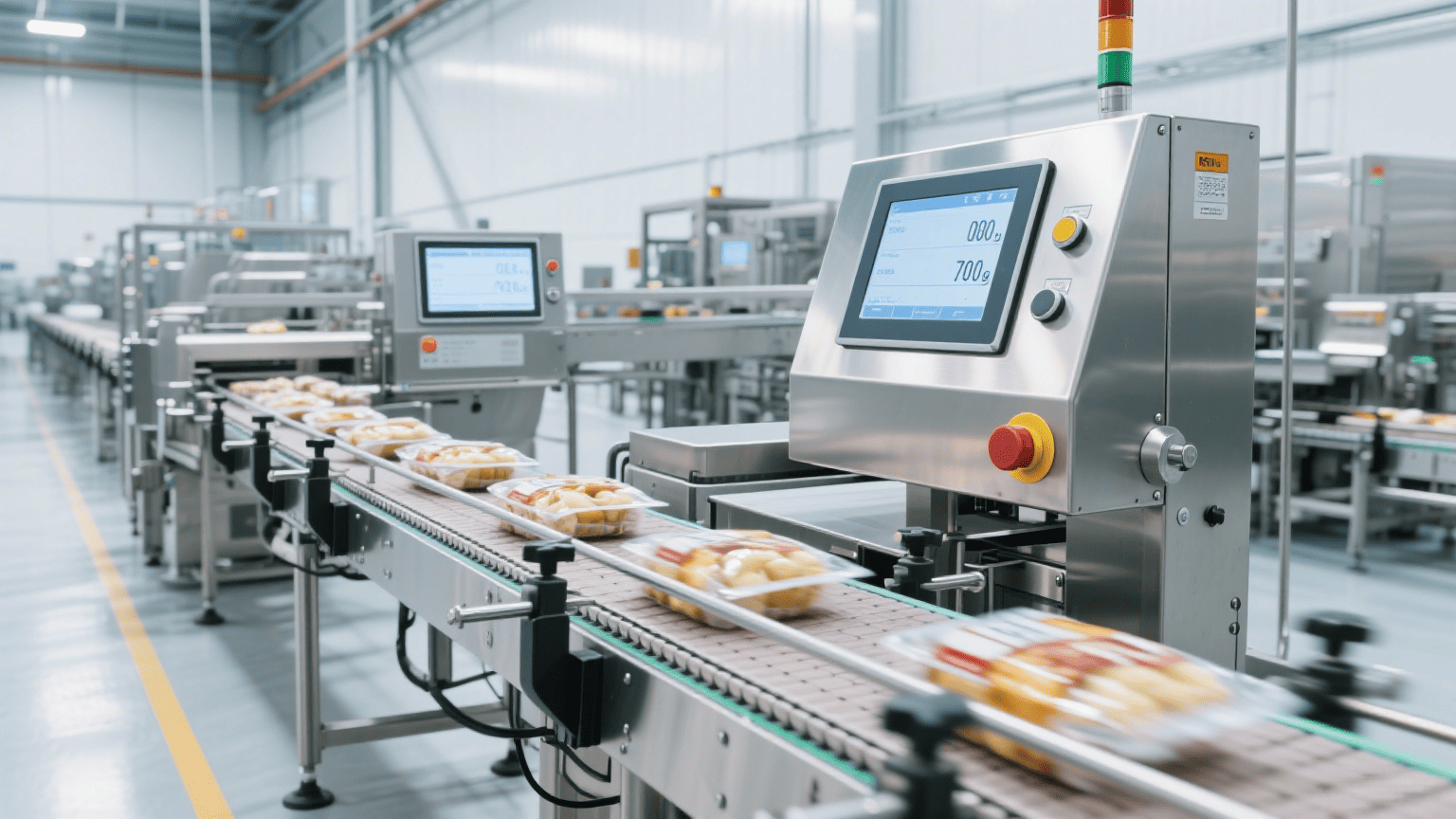 Food Factory with a Sleek Stainless Steel Checkweigher System