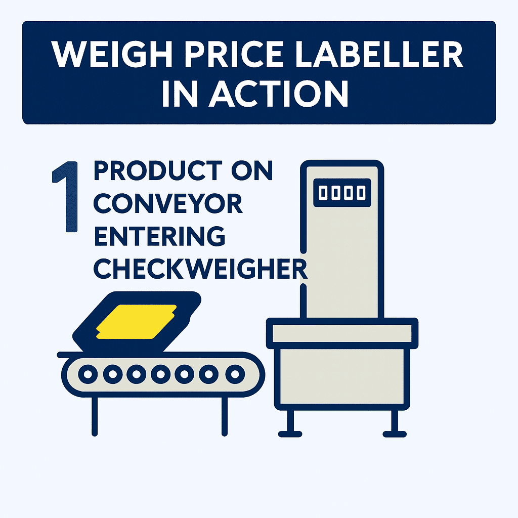 Weigh Price Labeller in Action, Product on Conveyor Entering Checkweigher