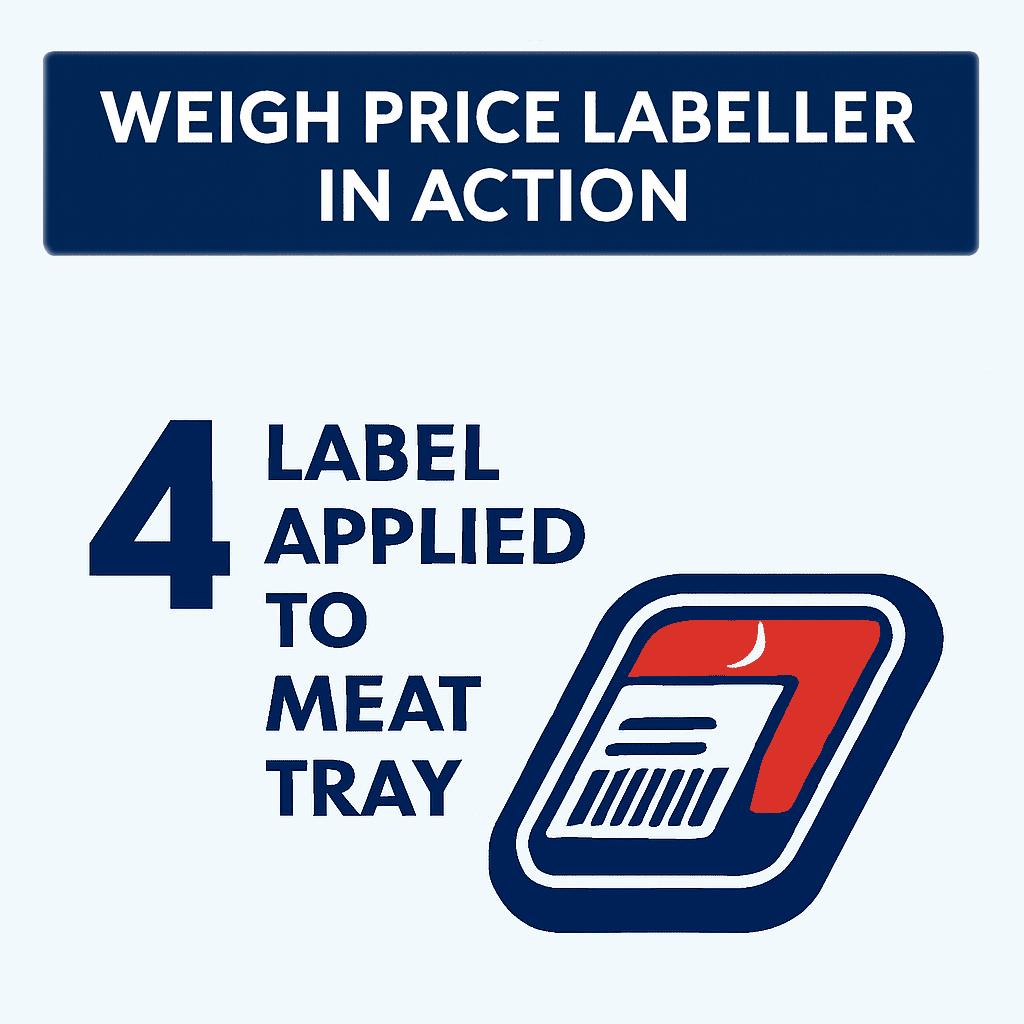 Weigh Price Labeller in Action, Label Applied to Meat Tray