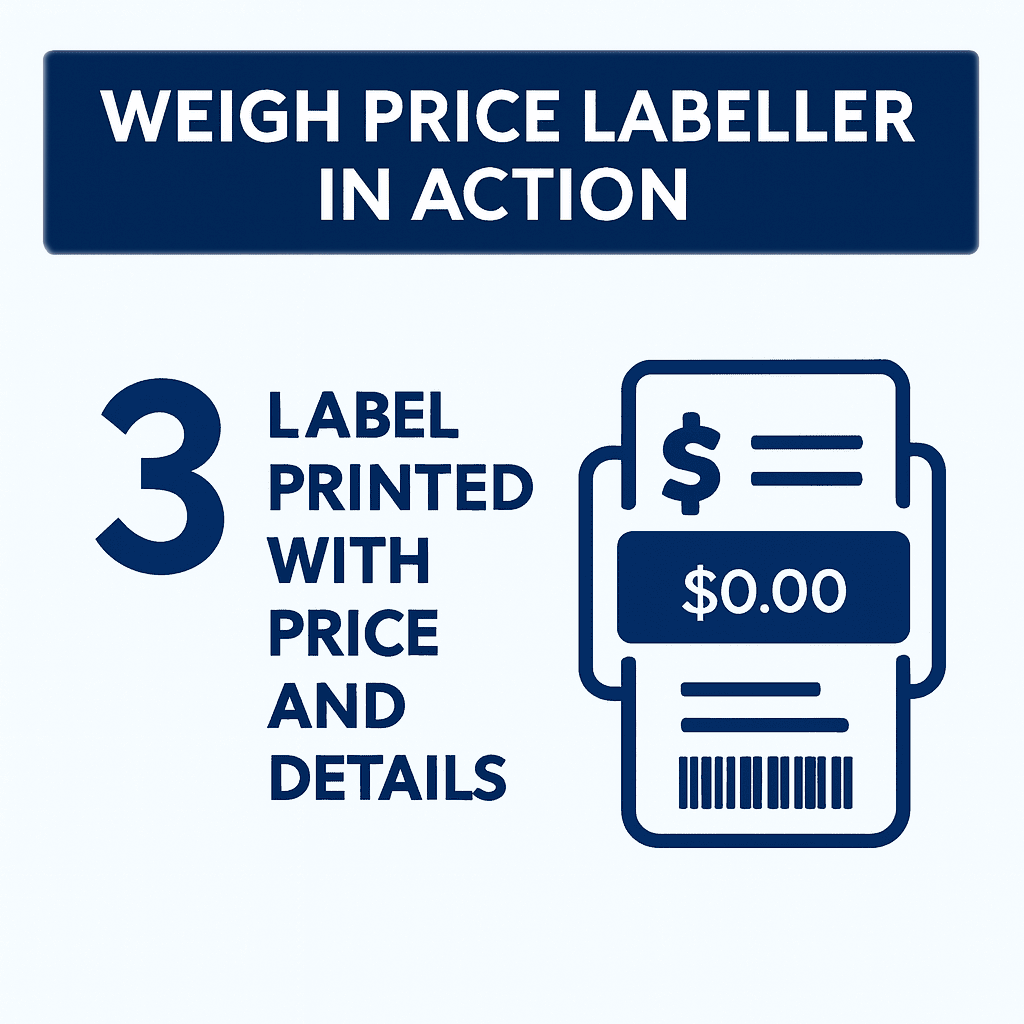 Weigh Price Labeller in Action, Label Printed with Price and Details
