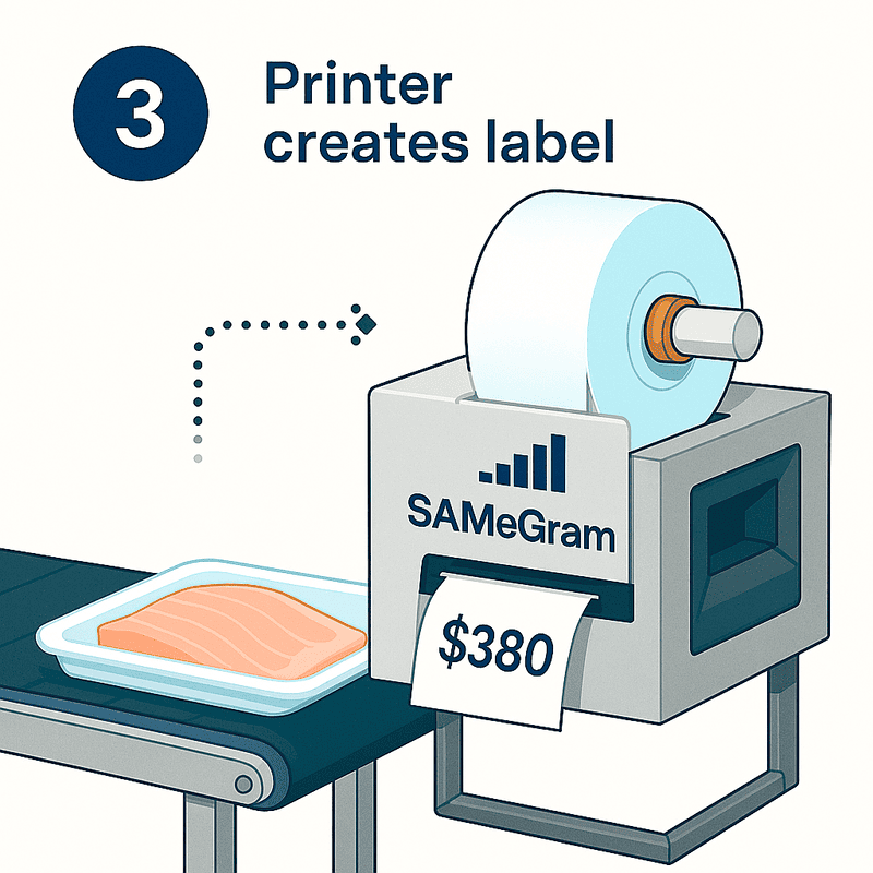 Weigh Price Labeller Workflow, Printer Creates Label