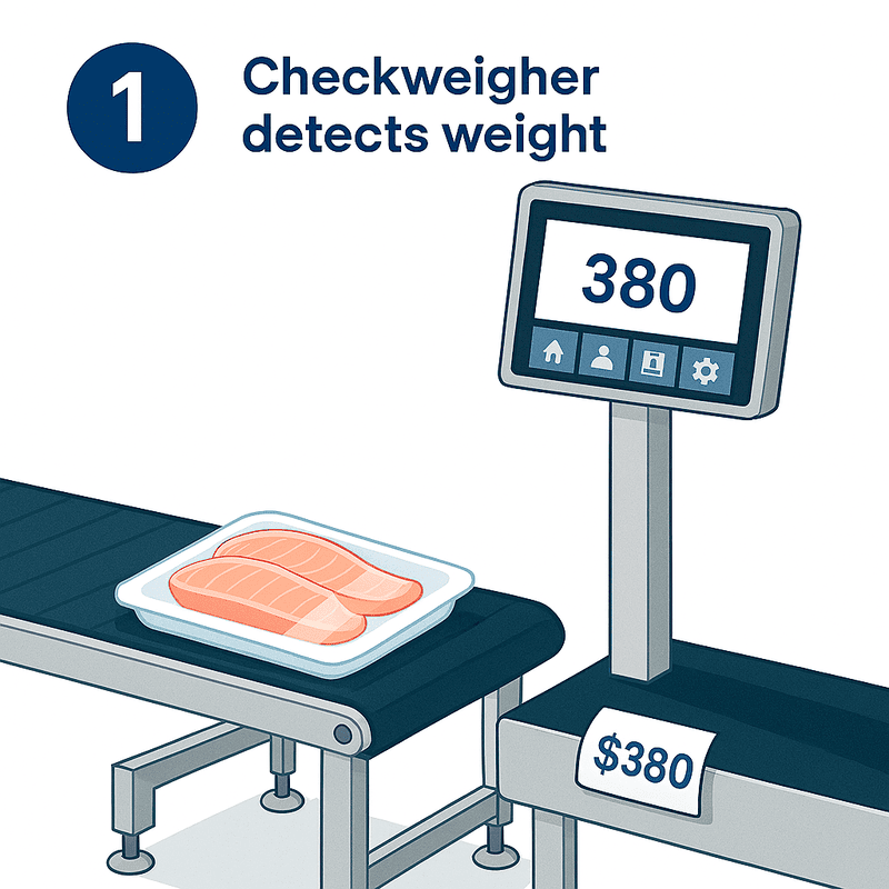 Weigh Price Labeller Workflow, Checkweigher Detects Weight