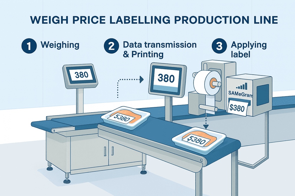Modern Automated Production Line Featuring a Weigh Price Labeling System