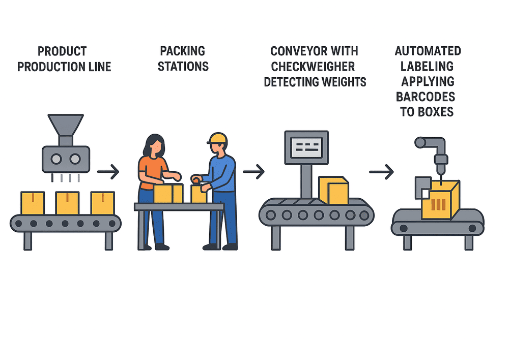Warehouse Checkweigher and Automatic Labeling Machine Workflow
