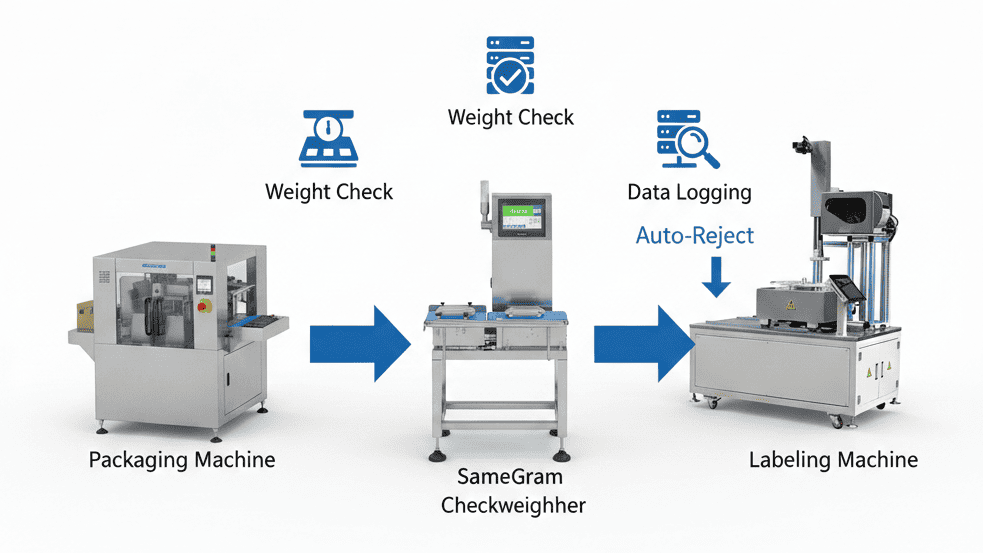 Samegram Checkweigher Connected Between A Packaging Machine And A Labeling Machine