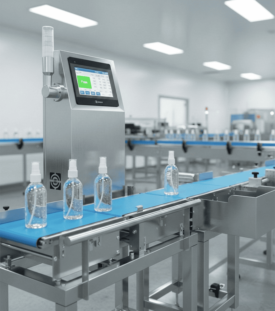 SameGram Dynamic Checkweigher for automated spray bottle inspection
