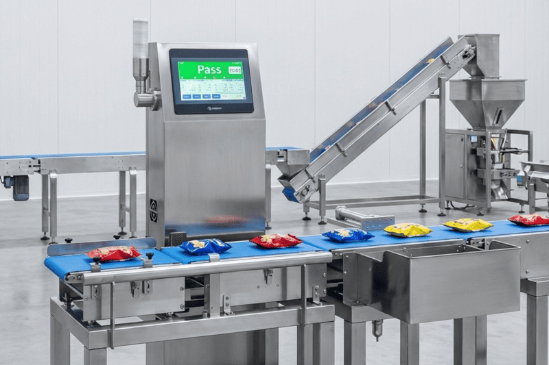 Samegram Dynamic Checkweigher Integrated into a Stainless-Steel Snack Packaging Line