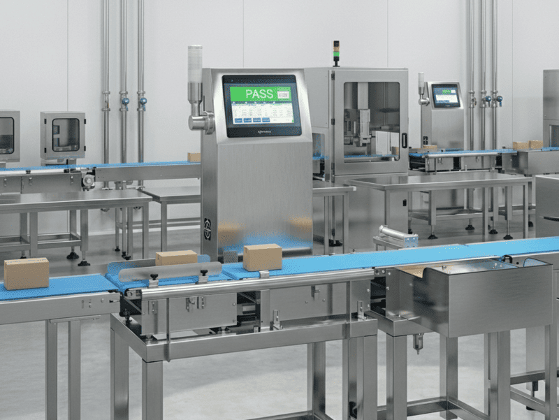SameGram stainless steel dynamic checkweigher integrated into a production line