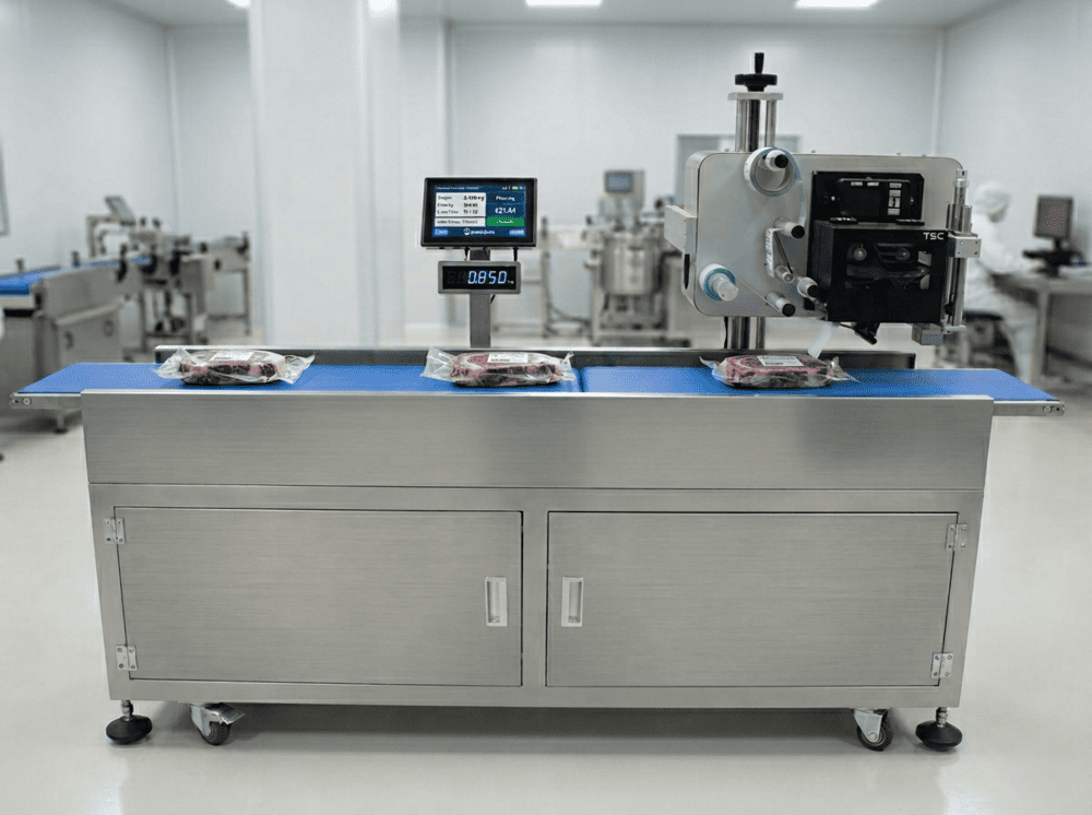 Samegram Weigh Price Labeler Integrated into a Clean-Room Food Production Line