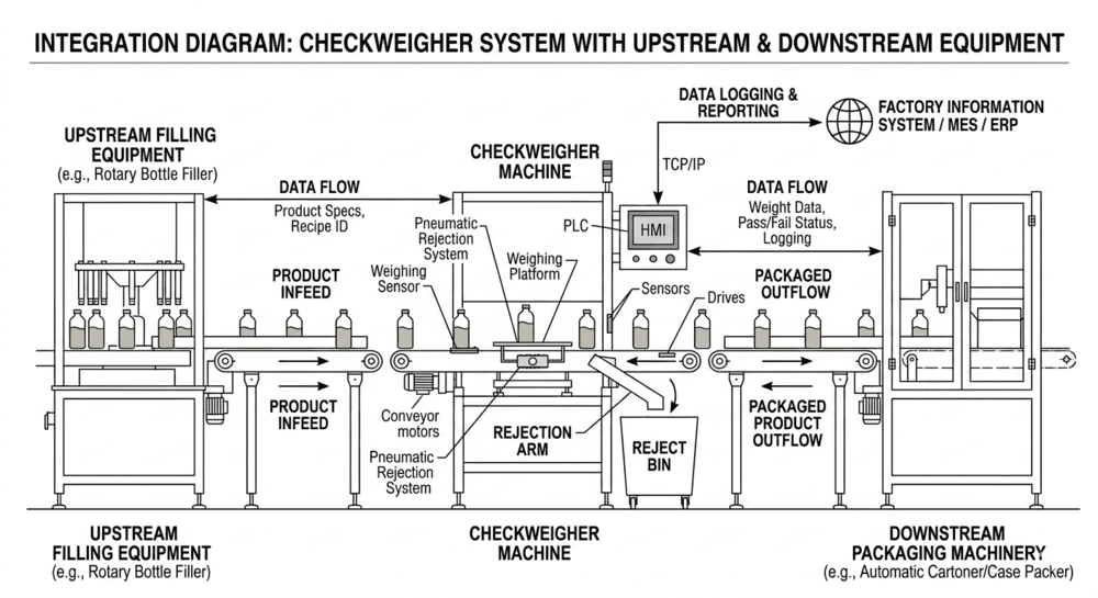 Checkweigher Connected to Upstream Filling Equipment and Downstream Packaging Machinery