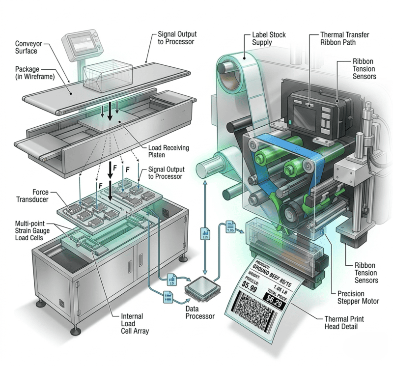 Internal Load Cell and the High-Speed Printing Head of a Weigh Price Labeler