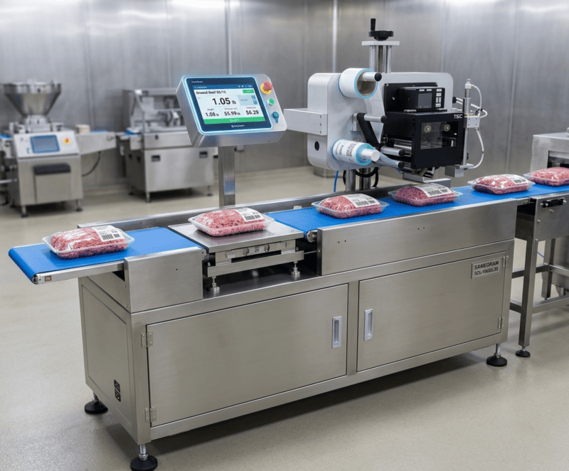 Samegram Weigh Price Labeler Integrated into a Stainless Steel Food Production Line