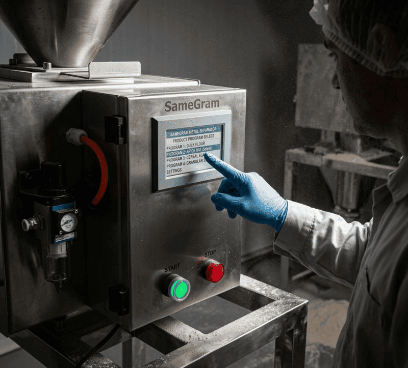 Samegram Metal Separator Machine Operating in a High-Dust Food Production Environment