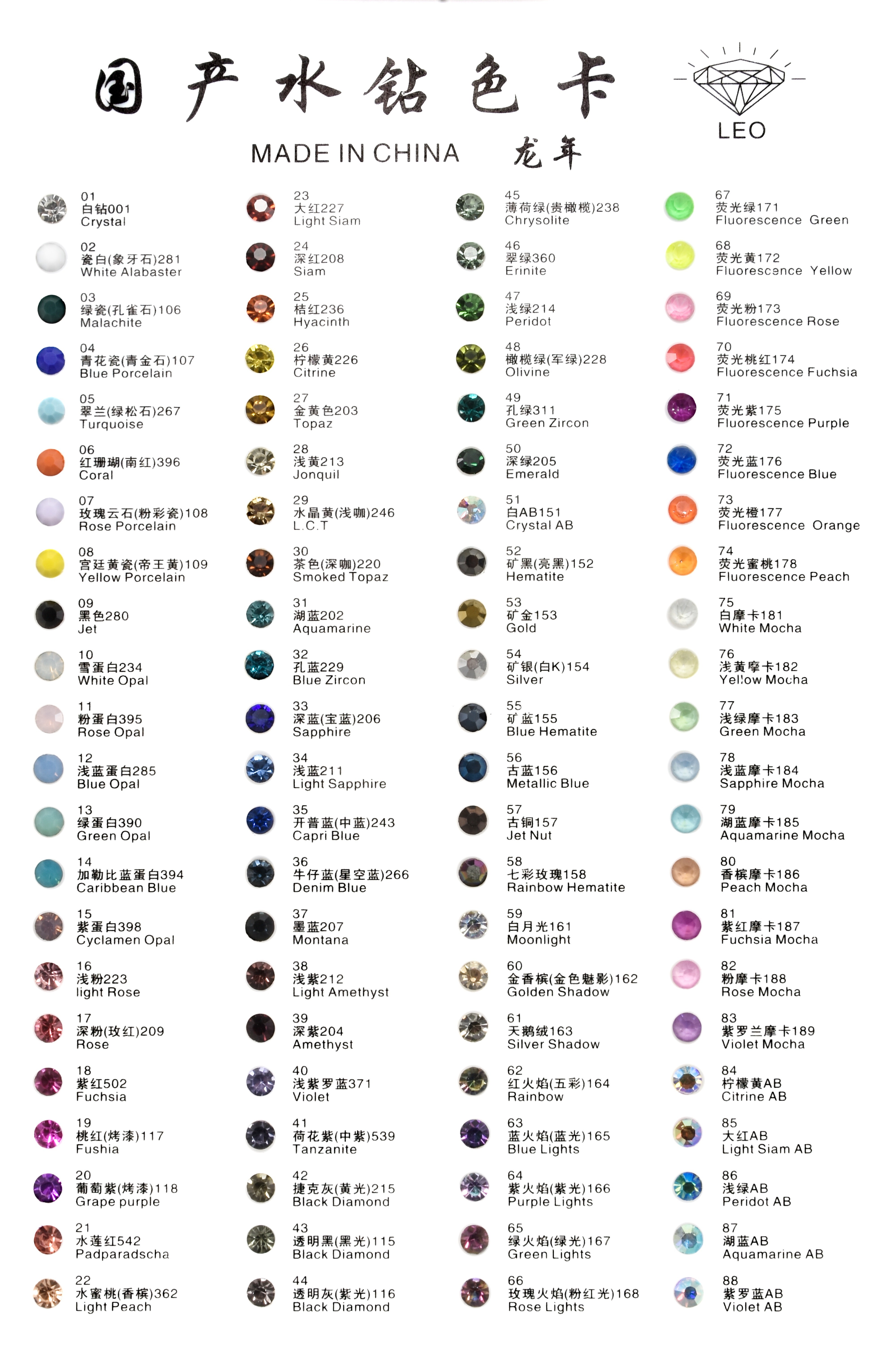 A1 Round Rhinestone Color Chart