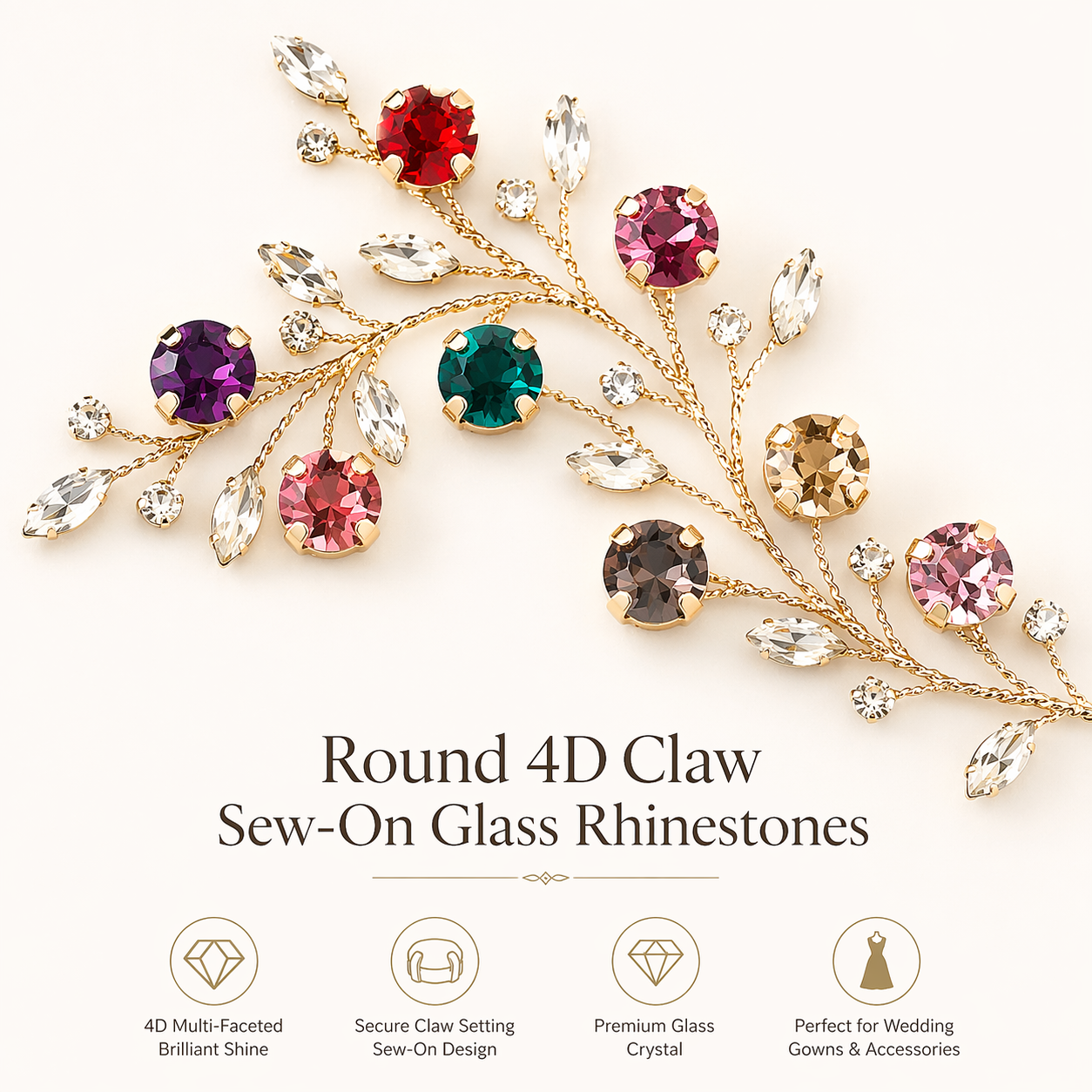 Real scattered application of 4D round rhinestones sewn on gowns, bags and hair ornaments, round stones create soft shiny garment embellishment