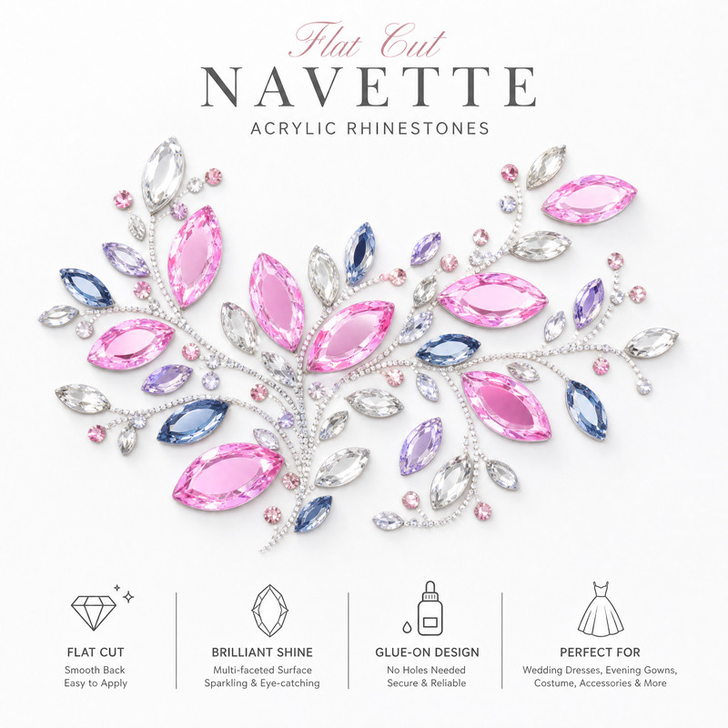 Flat cut navette acrylic rhinestones for toys, dancewear, stage costumes and accessories