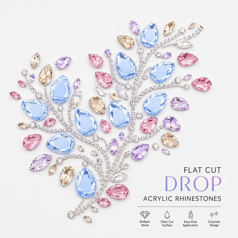 Flat cut teardrop acrylic rhinestones for toys, dancewear, stage costumes and accessories