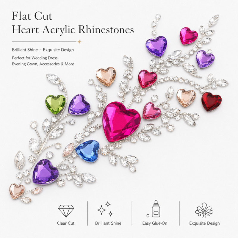 Flat cut heart acrylic rhinestones for toys, dancewear, stage costumes and accessories