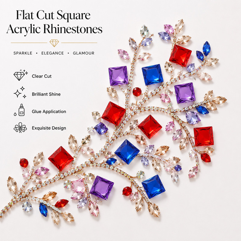 Flat cut square acrylic rhinestones for toys, dancewear, stage costumes and accessories