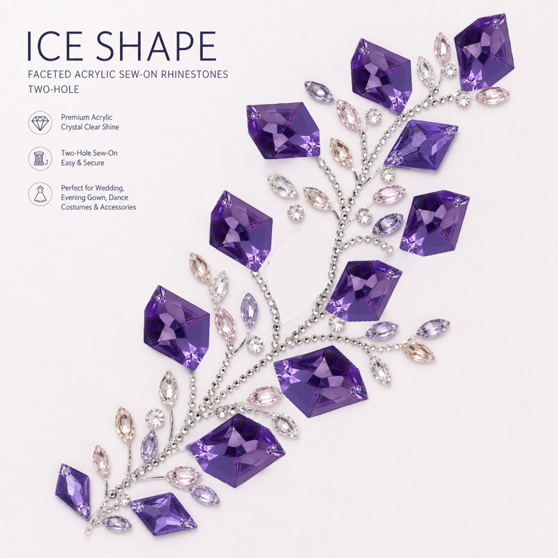 Ice shape cabochon acrylic sew-on rhinestones two-hole for dancewear, fashion garments and hats