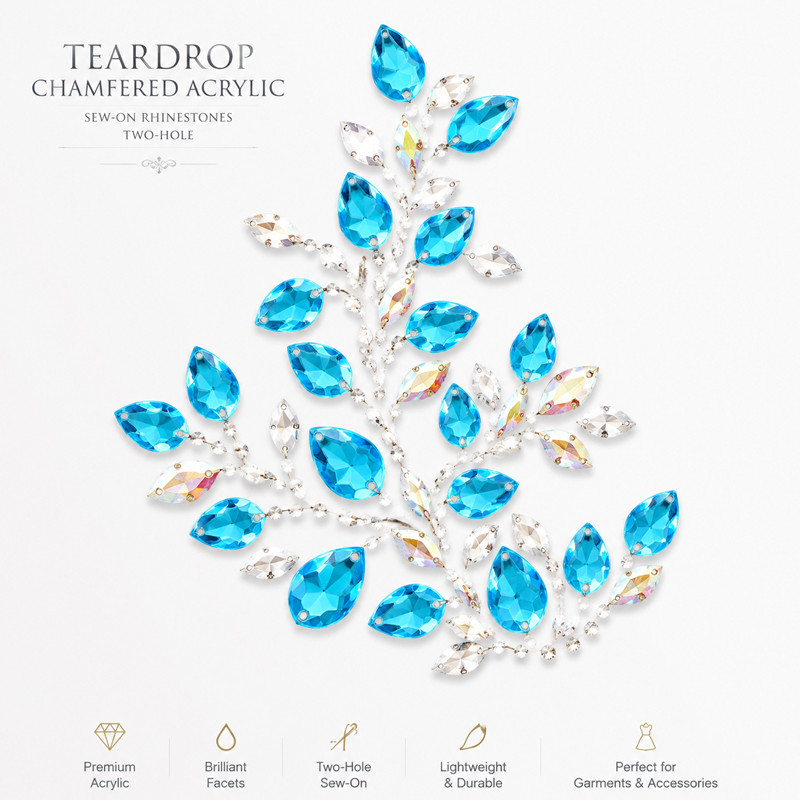 Teardrop cabochon acrylic sew-on rhinestones two-hole for dancewear, fashion garments and hats