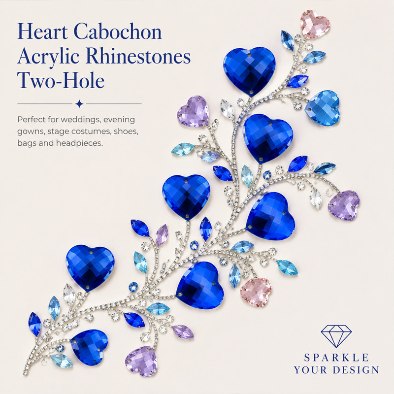 Heart cabochon acrylic sew-on rhinestones two-hole for dancewear, fashion garments and hats