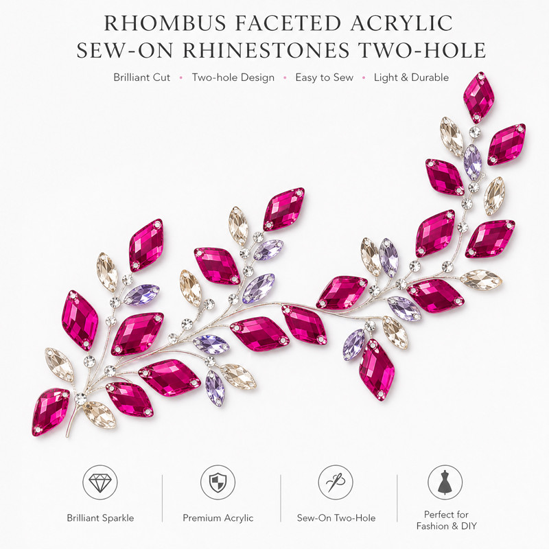 Rhombus faceted acrylic sew-on rhinestones two-hole for dancewear, fashion garments and hats
