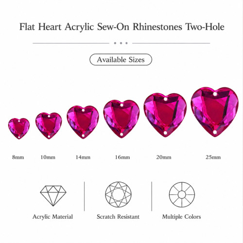 Flat Heart Chamfered Acrylic Sew-On Rhinestones Two-Hole