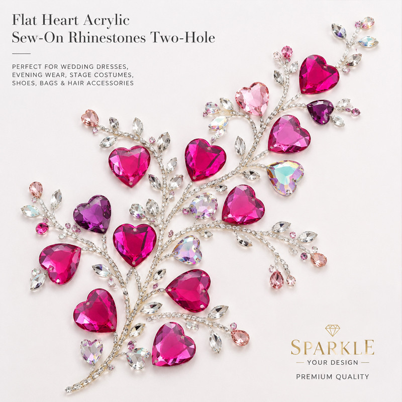 Flat heart chamfered acrylic sew-on rhinestones two-hole for dancewear, fashion garments and hats