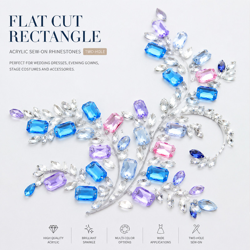 Flat rectangle chamfered acrylic sew-on rhinestones two-hole for dancewear, fashion garments and hats