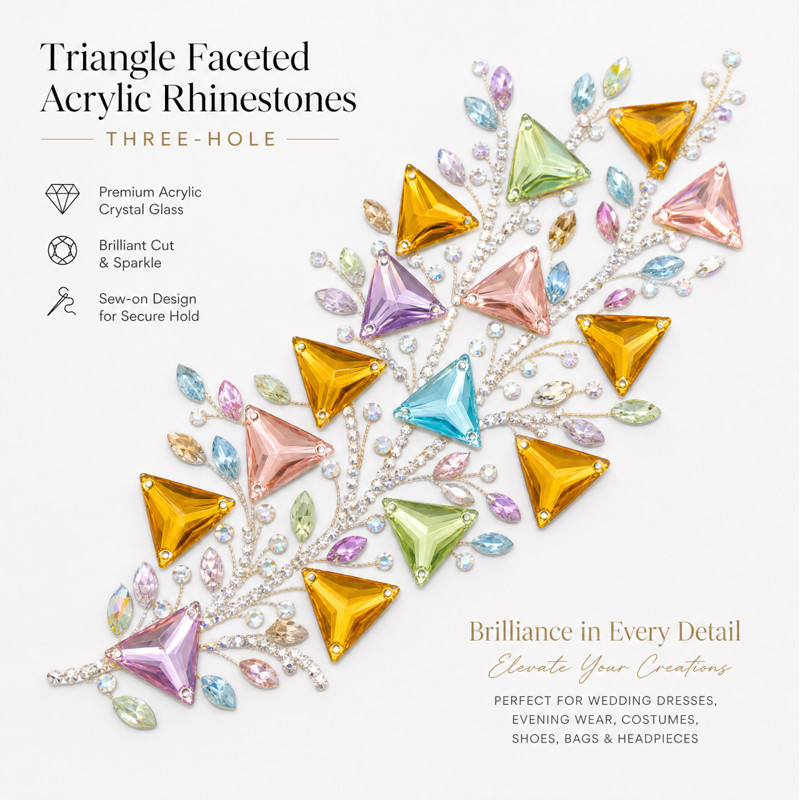 Triangle faceted acrylic rhinestones three-hole for dancewear, fashion garments and hats