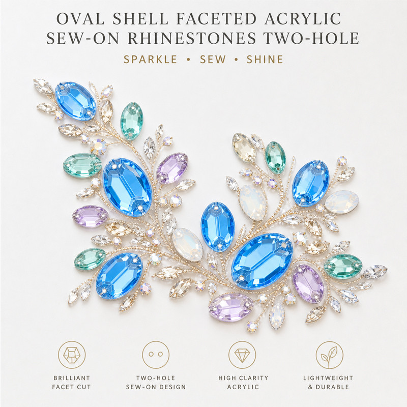 Oval shell faceted acrylic sew-on rhinestones two-hole for dancewear, fashion garments and hats