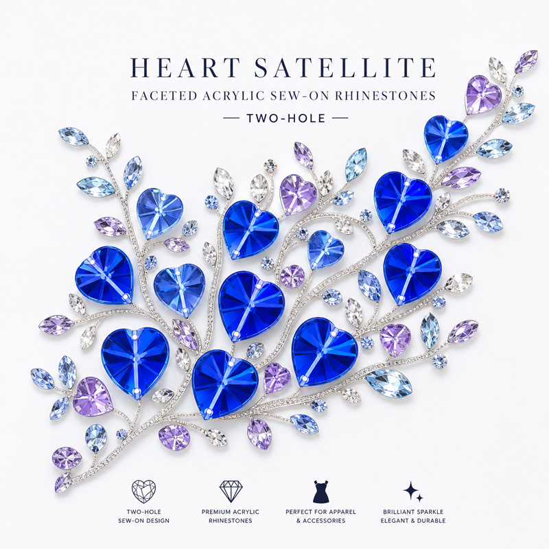 Heart satellite faceted acrylic sew-on rhinestones two-hole for dancewear, fashion garments and hats