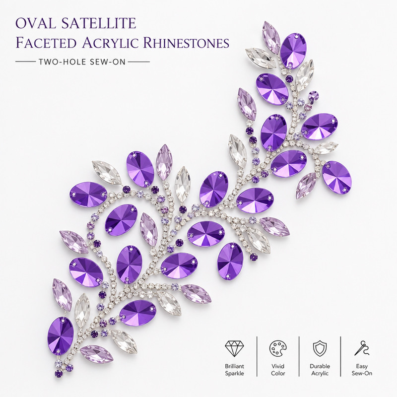 Oval satellite faceted acrylic sew-on rhinestones two-hole for dancewear, fashion garments and hats