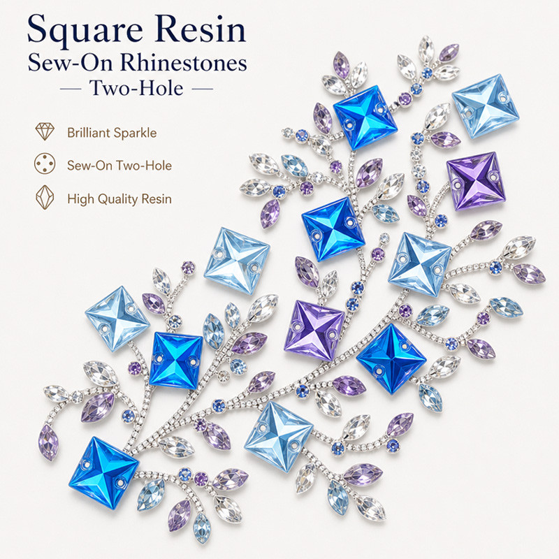 Square resin sew-on rhinestones two-hole for dancewear, fashion garments and hats