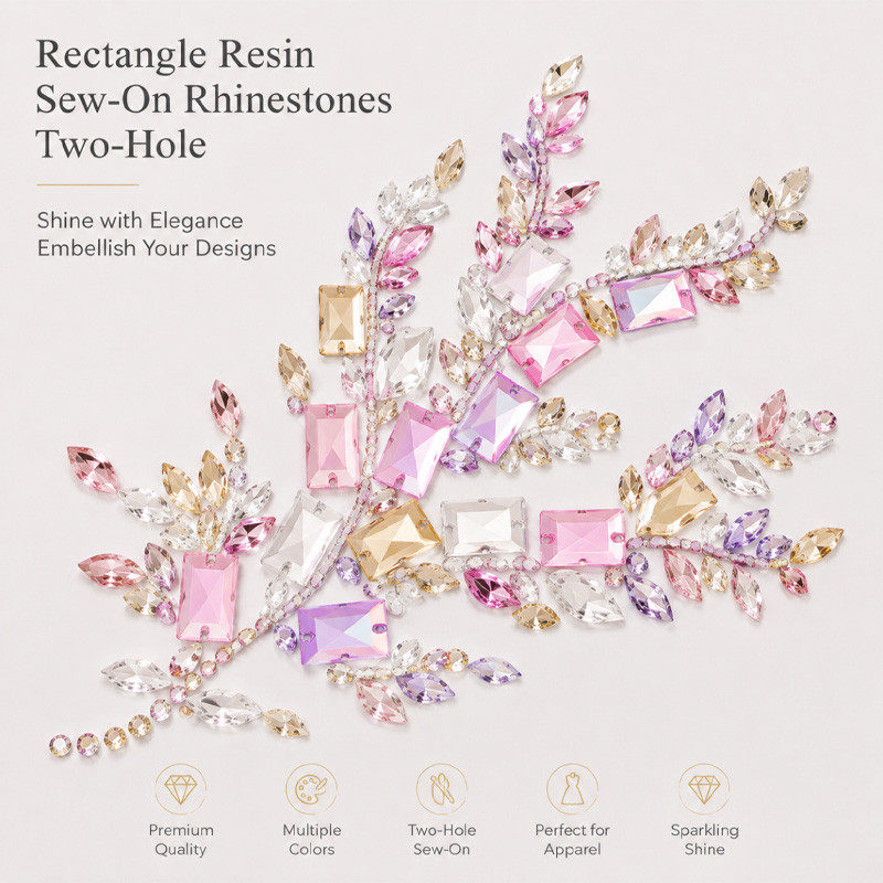 Rectangle resin sew-on rhinestones two-hole for dancewear, fashion garments and hats