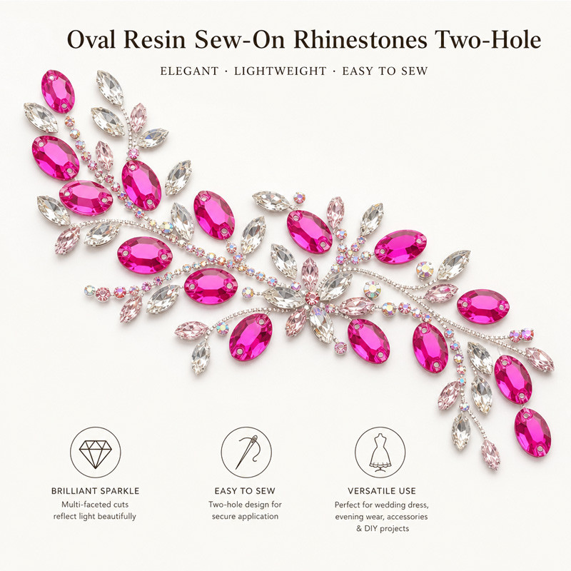 Oval resin sew-on rhinestones two-hole for dancewear, fashion garments and hats
