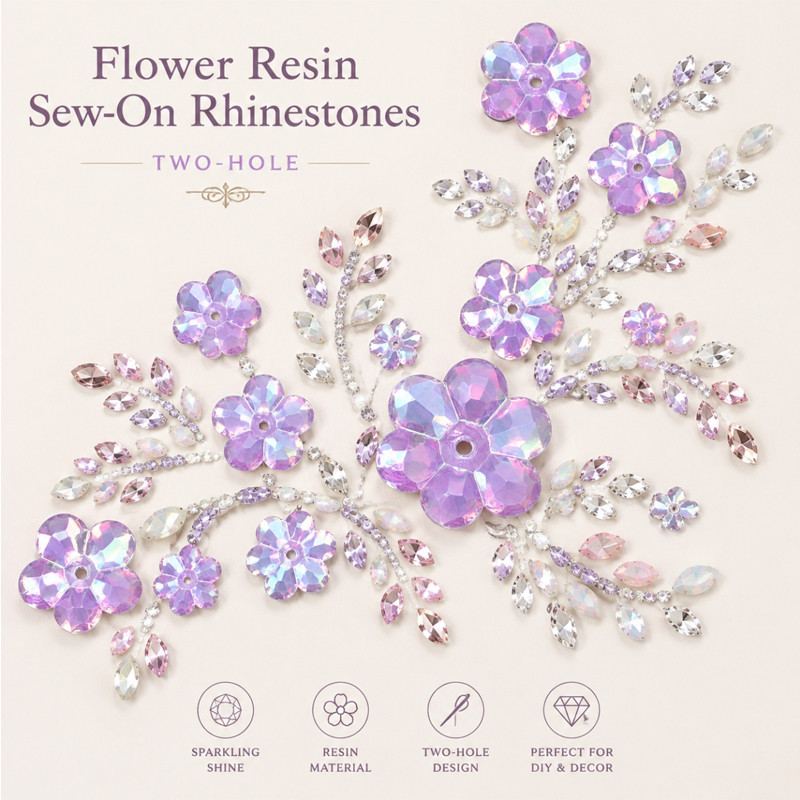 Flower resin sew-on rhinestones two-hole for dancewear, fashion garments and hats