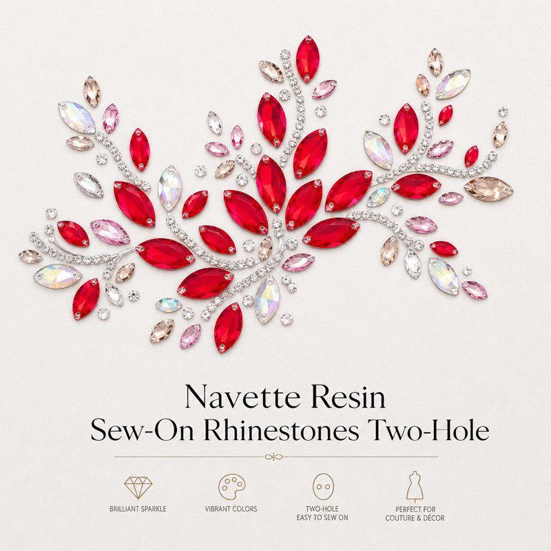 Navette resin sew-on rhinestones two-hole for dancewear, fashion garments and hats