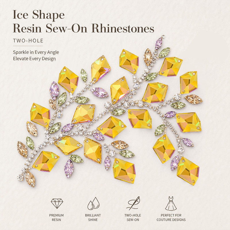 Ice Shape resin sew-on rhinestones two-hole for dancewear, fashion garments and hats
