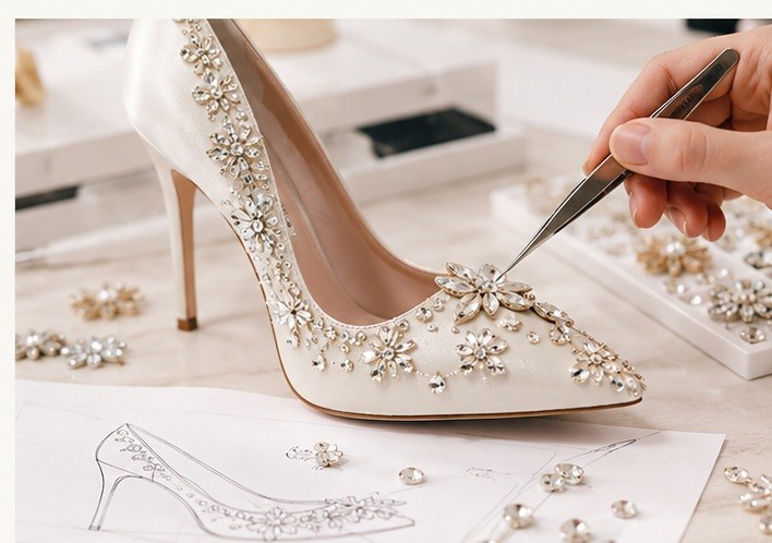 Rhinestones incorporated into finished shoes